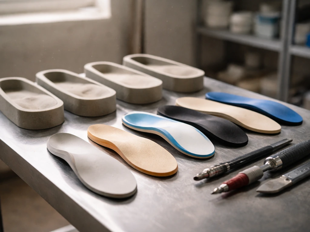Clean orthotic manufacturing workspace with molds and insoles on a workbench under bright natural light.