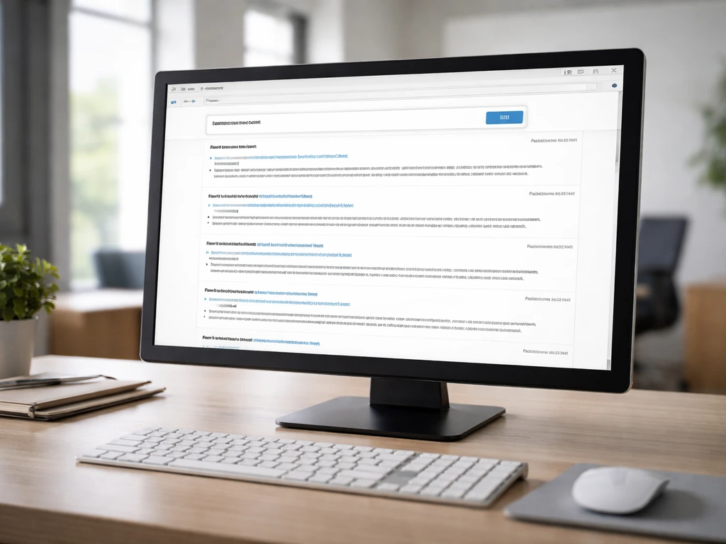 Close-up of a computer monitor showing a generic patent search results page in a quiet office desk scene.
