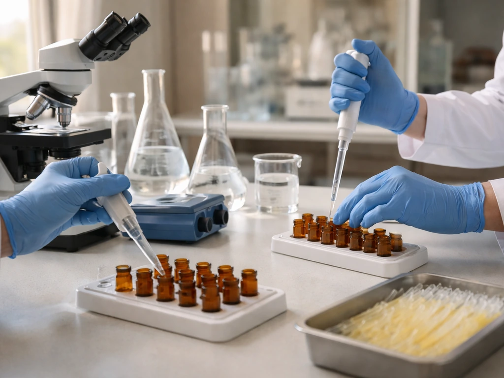 Gloved hands working in a quiet pharmaceutical lab, pipetting samples with microscope and glassware nearby.