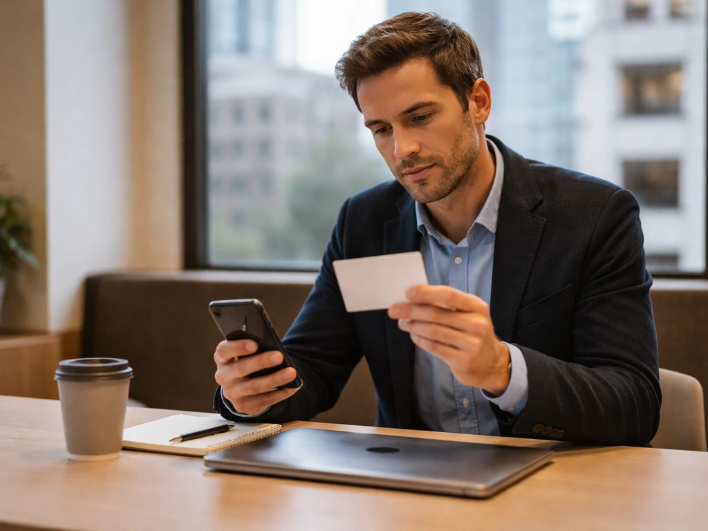 An anonymous tech executive in a calm coworking space holding a phone, ready to check names to avoid mix-ups.