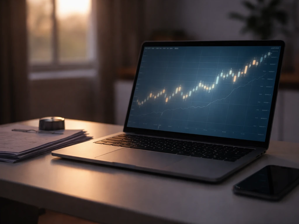 Close-up of a laptop in a quiet home office showing the glow of financial charts on a screen, Dropbox equity theme