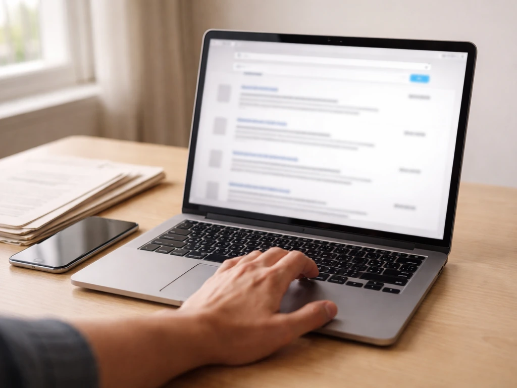 Close-up of a laptop and phone on a desk, suggesting online verification research for financial figures.