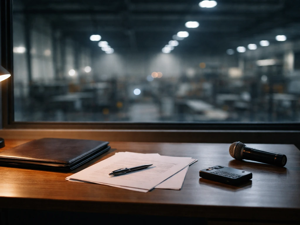 Dimly lit industrial workspace with a single desk, paperwork, and a glass of water beside a blurred factory window.