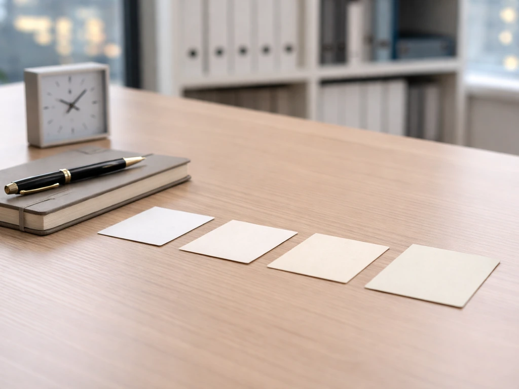 Minimal office desk with blank milestone cards arranged like a timeline, symbolizing wealth built over time.