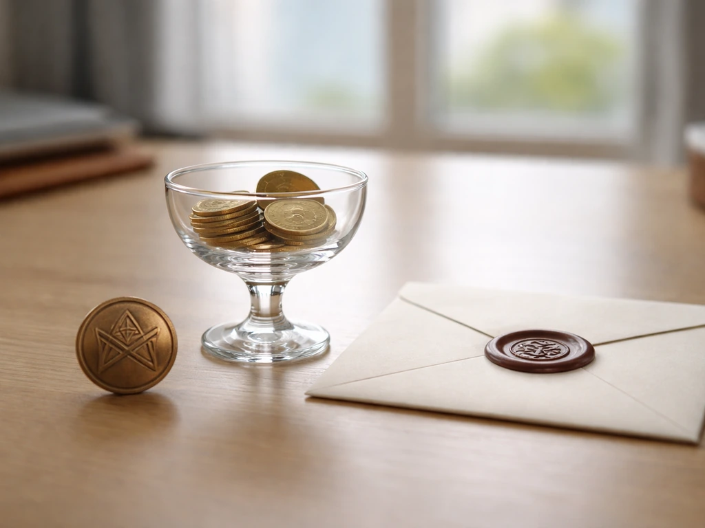 Glass dividend cup with coins beside a small ownership token on a bright office desk.