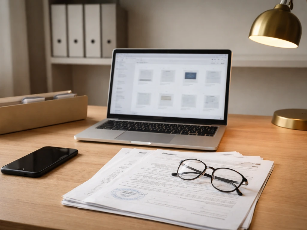 Minimal desk with papers and an open laptop, suggesting verifying public business records.