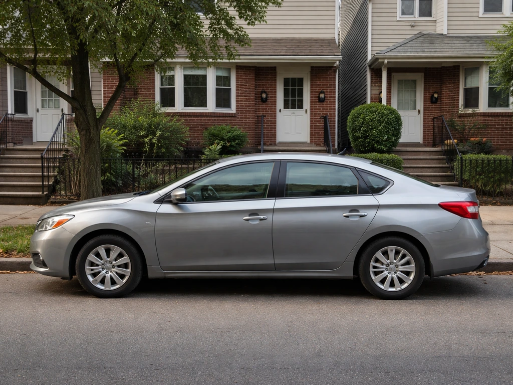 A typical family car parked curbside in a Queens neighborhood with houses in the background.