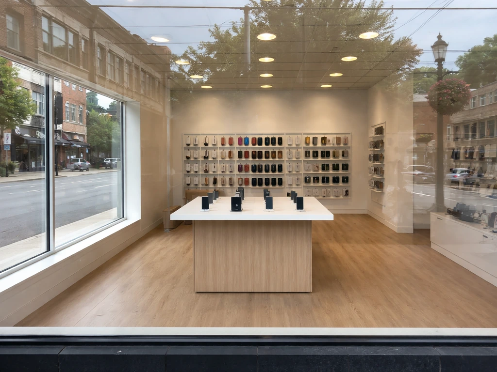 Empty wireless retail store window with phone accessories, symbolizing a successful entrepreneur profile.