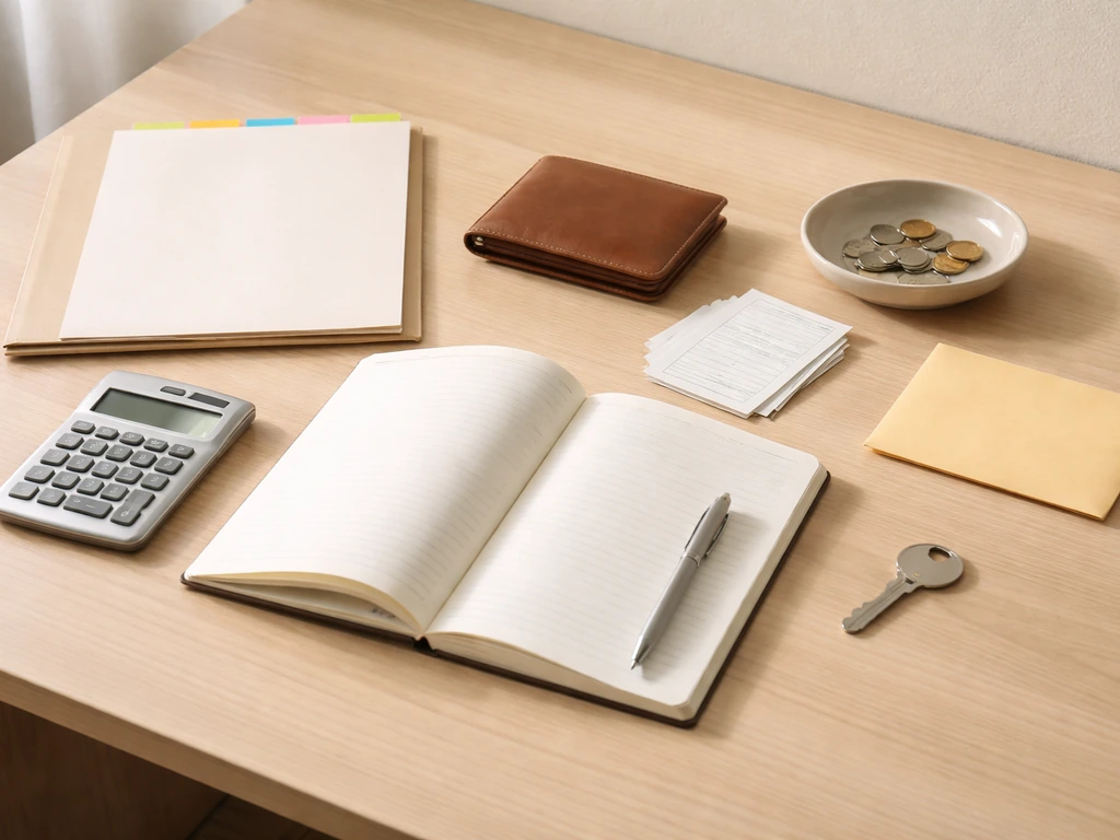 Simple photo of a desk with a calculator, wallet, and papers suggesting assets minus liabilities net worth calculation.
