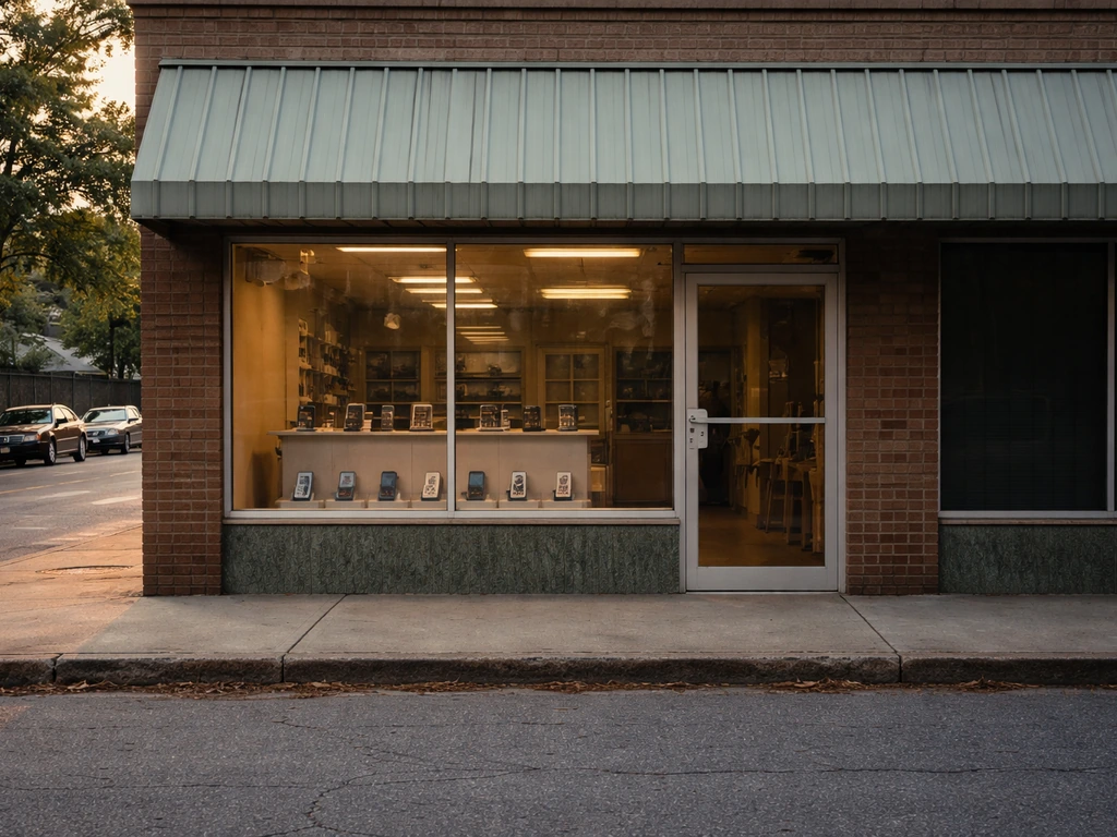 1990s-style storefront of a phone retailer with a simple window display and street view