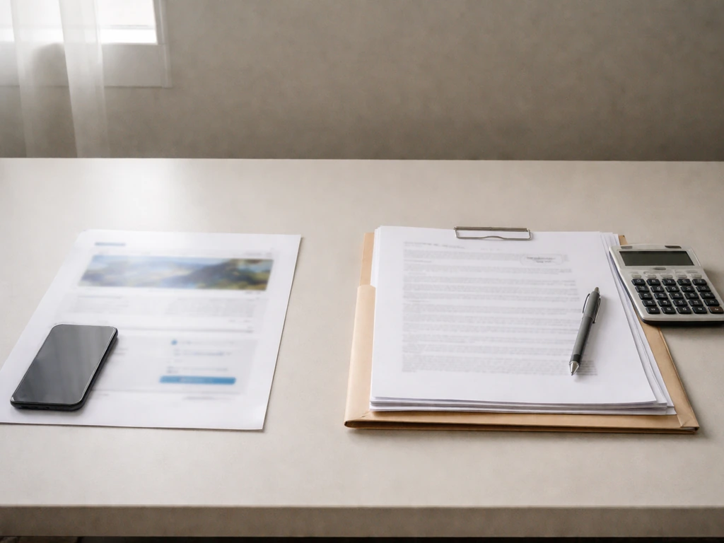 Desk scene contrasting blurred calculator-like finance page with neat reviewed folder and pen.