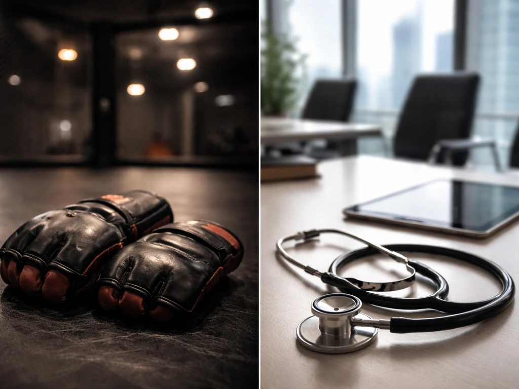 Split scene showing MMA grit on left and healthcare boardroom cues on right, symbolizing same-name disambiguation.