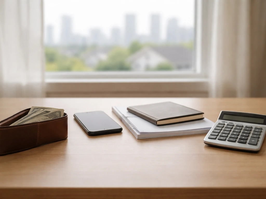 Minimal desk scene with calculator and money suggesting assets minus liabilities concept