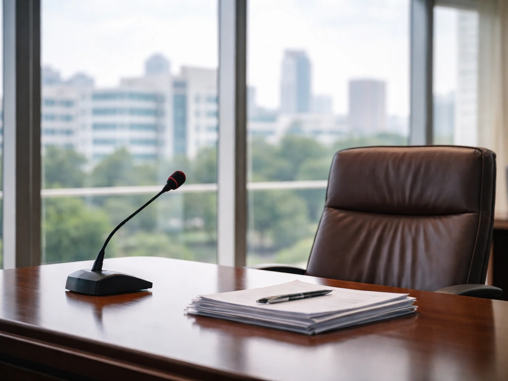 Minimal healthcare executive office with a microphone and documents, daylight, hint of hospital leadership.