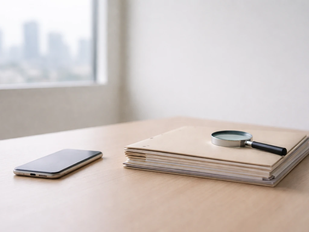 Minimal office desk with documents and a magnifying glass beside a smartphone, suggesting verification of estimates.