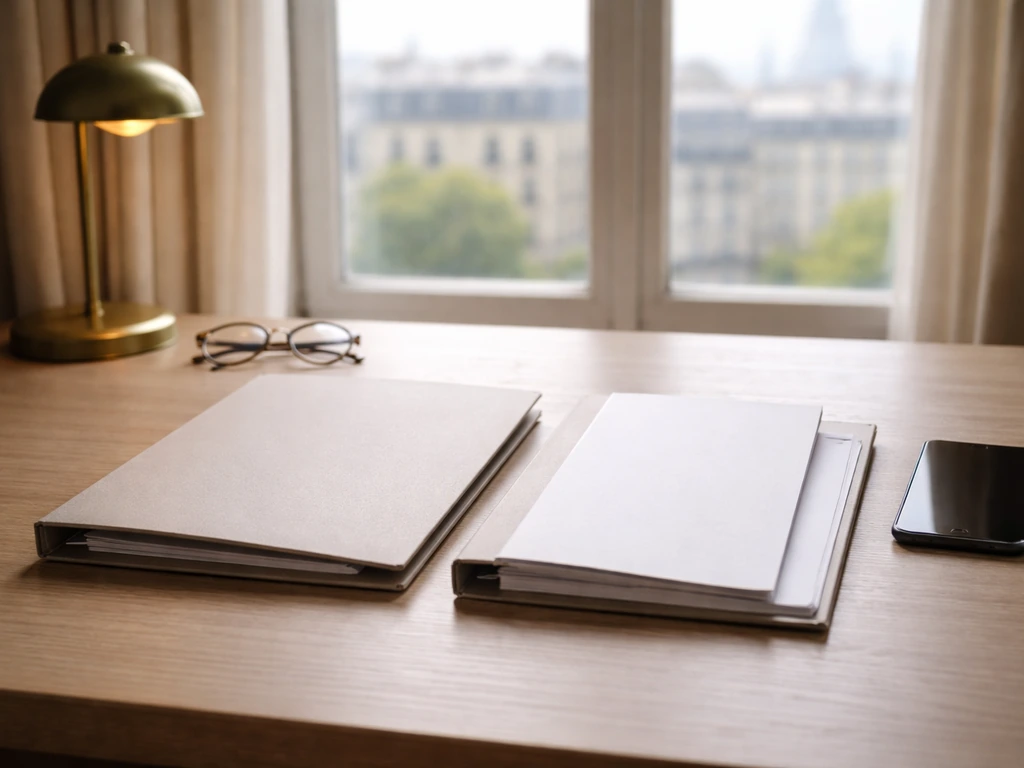 Minimal office desk with two identical folders side by side, suggesting identity confirmation.