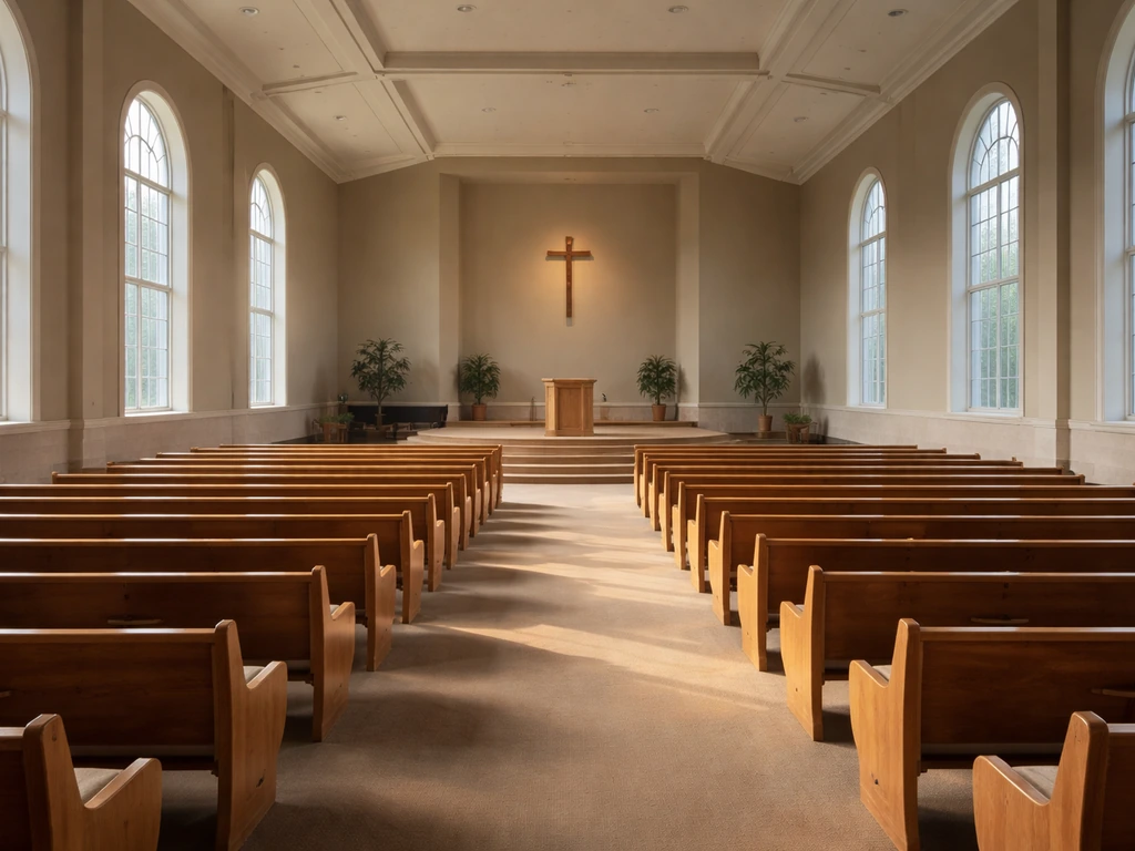 Empty church sanctuary with rows of seats and soft morning light suggesting a large congregation