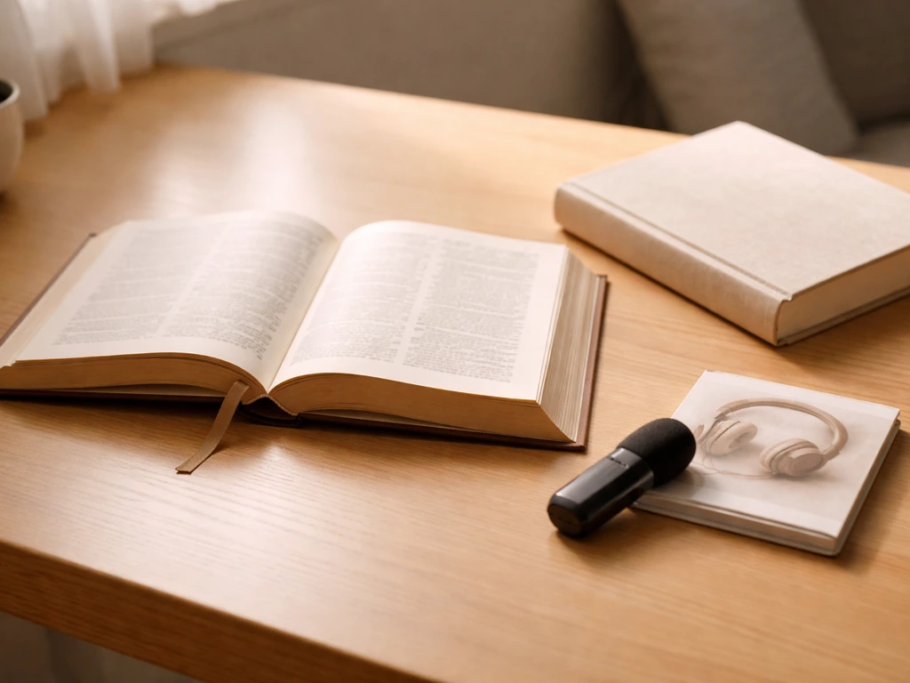 Open devotional book with audio accessory and small microphone on a light wood desk.