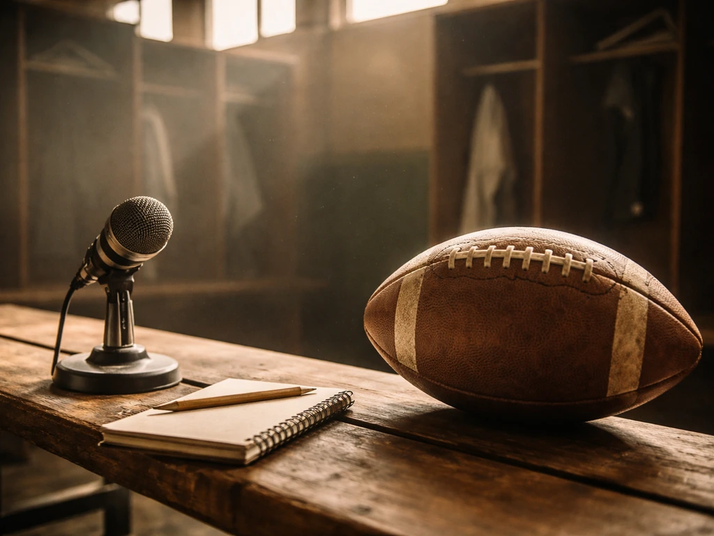 Vintage football and microphone in a quiet 1970s locker room, symbolizing a walk-on breakthrough era.