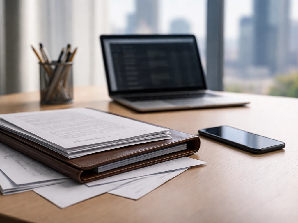 Minimal office desk with open folder of documents and a smartphone beside a laptop, symbolizing layered financial resear