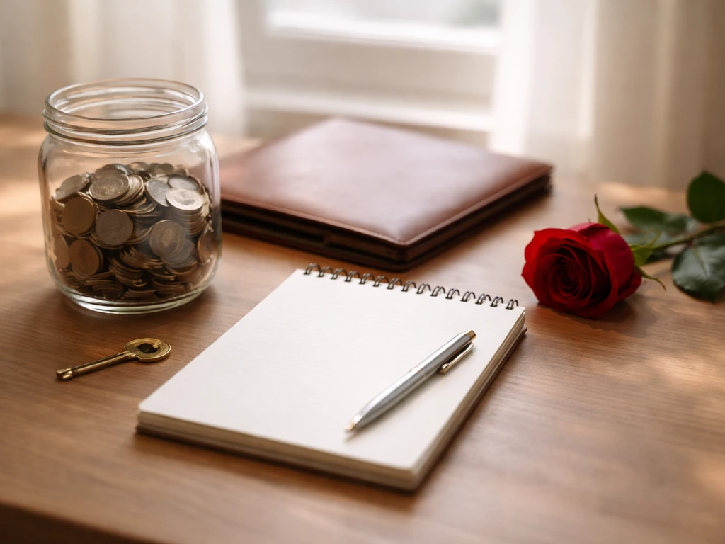 Minimal tabletop with a coin jar, leather folder, blank notepad, and a red rose symbolizing carry and wealth.