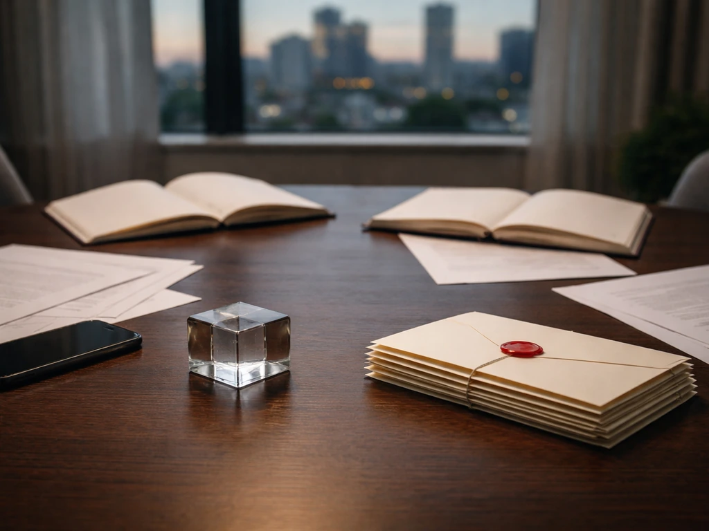 Minimal office desk with blank documents, envelopes, and a city view, symbolizing differing money estimate perspectives.