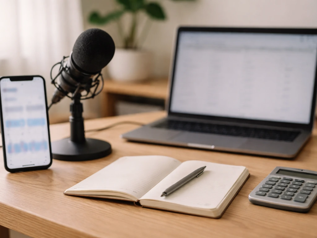 Minimal creator media desk with microphone, smartphone metrics blurred, laptop spreadsheet blurred, calculator and noteb