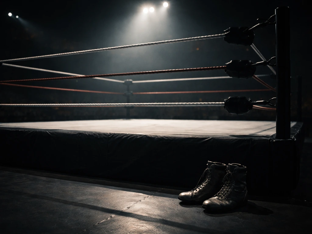 Empty wrestling ring under dramatic lights, evoking a late-1990s pro wrestling career atmosphere.
