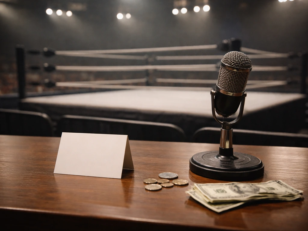 Minimal photo of a wrestling ring microphone, soft cash-like props, and a studio desk symbolizing wrestling earnings