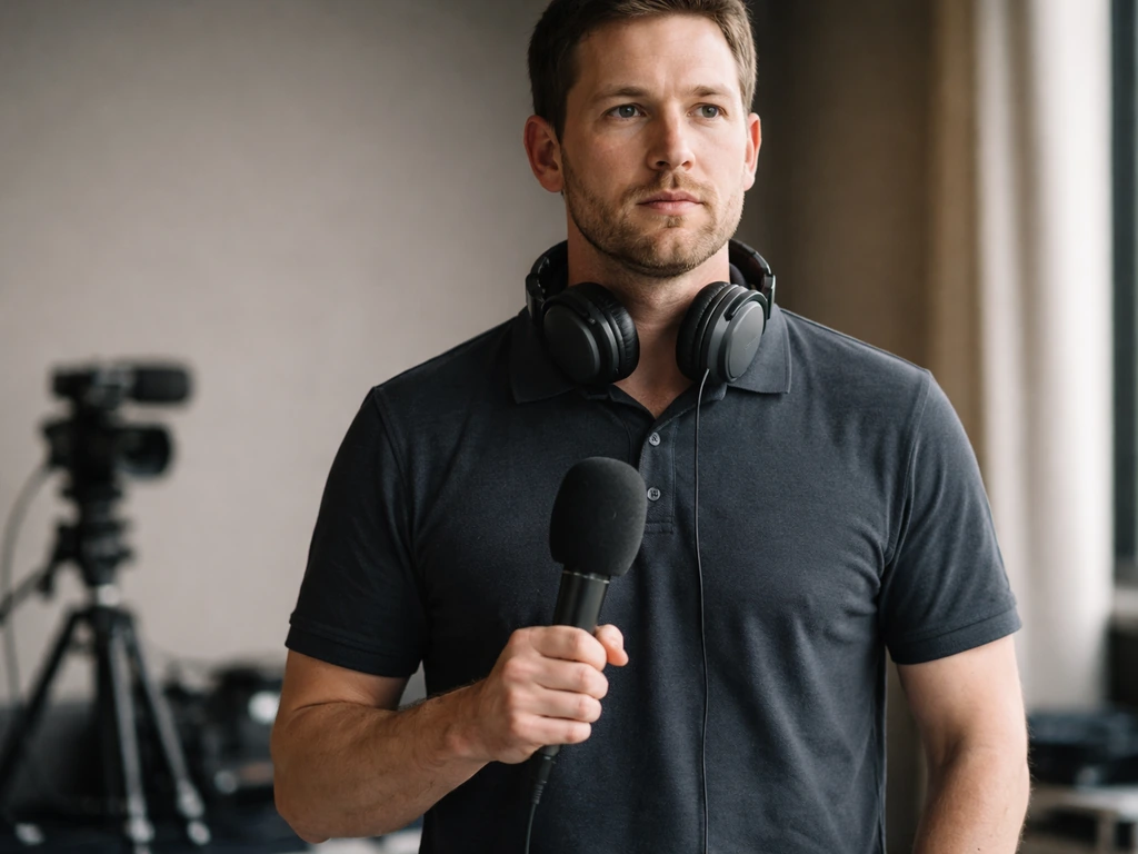 Anonymous broadcast commentator holding a microphone in a quiet TV studio with simple production gear.