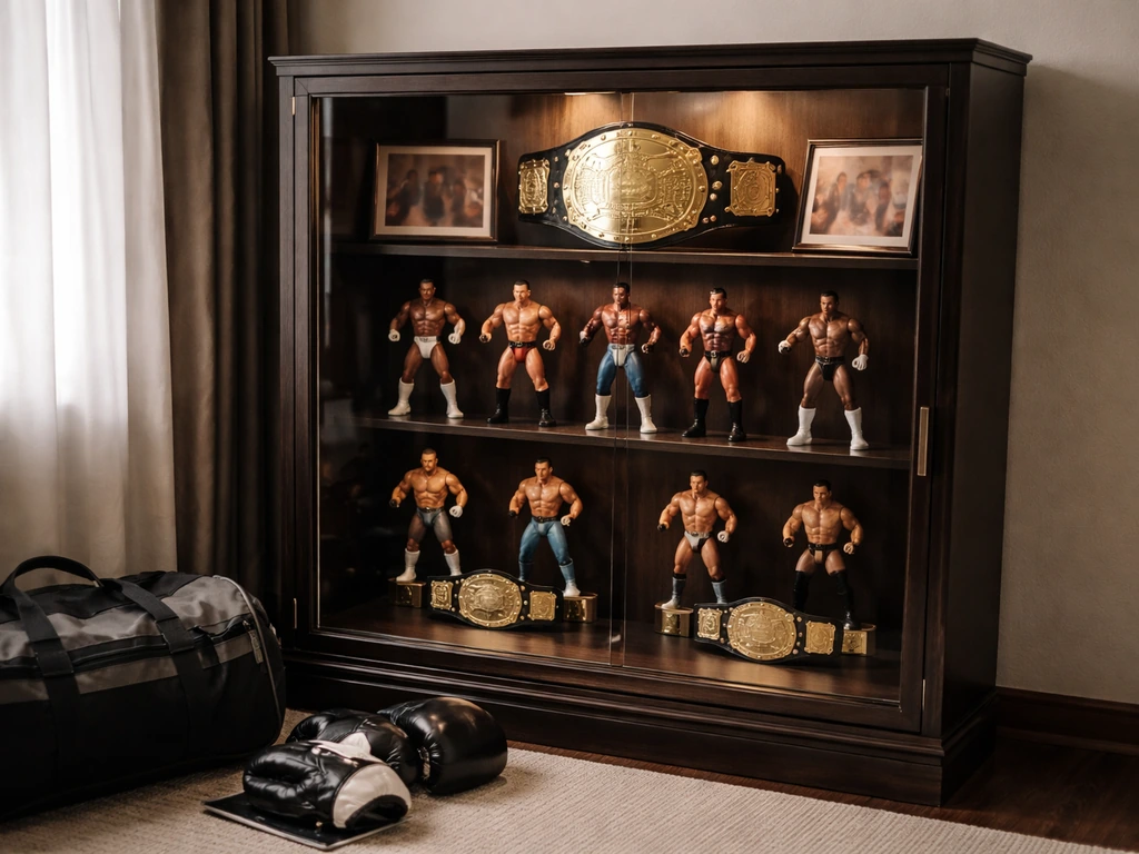 Minimal home display of wrestling memorabilia with a duffel bag and training gloves, warm natural light.