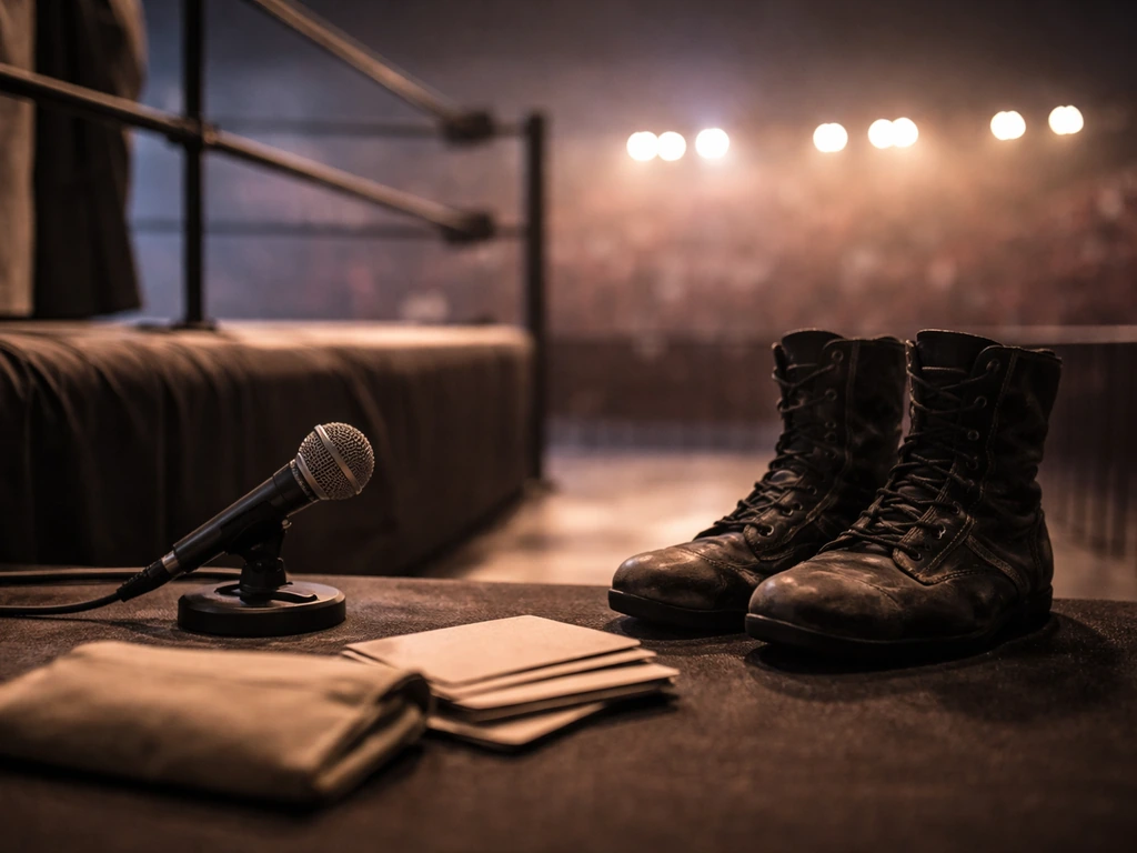 Worn wrestling boots, stacked envelopes, and a broadcast microphone in a quiet arena at dusk.