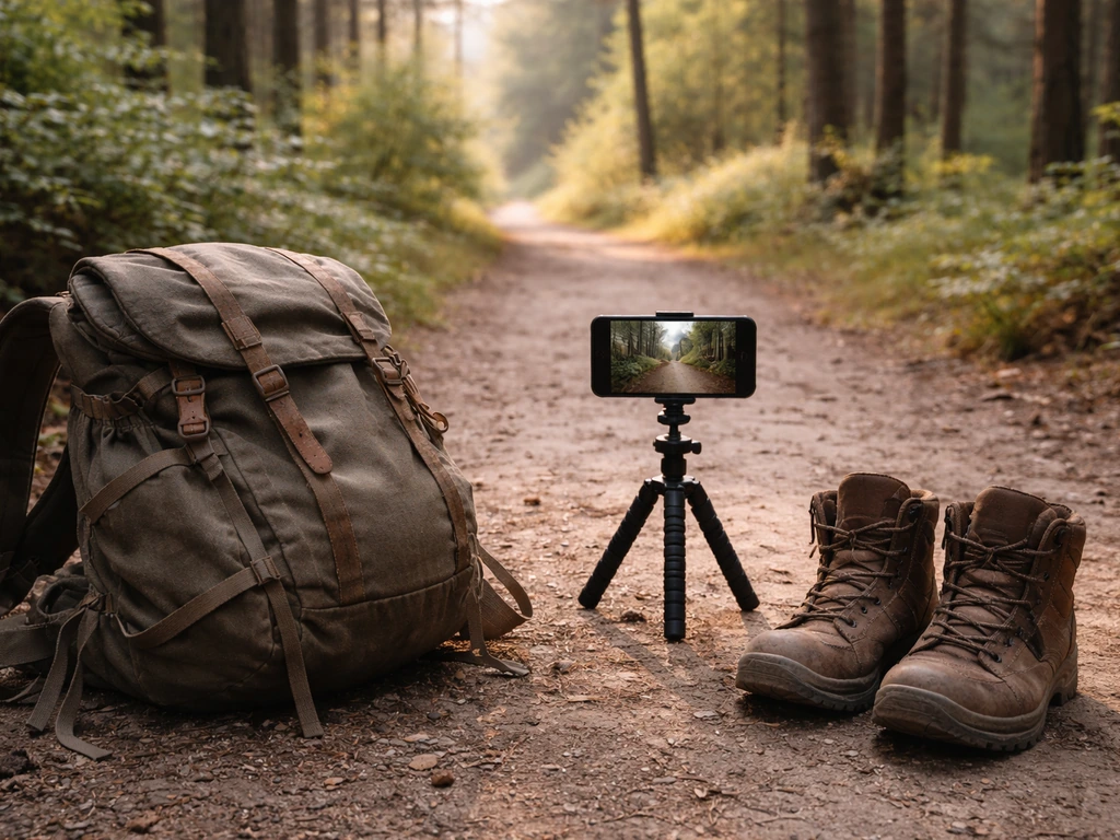 Hiking backpack and phone on a small tripod by a quiet forest trail in soft morning light.