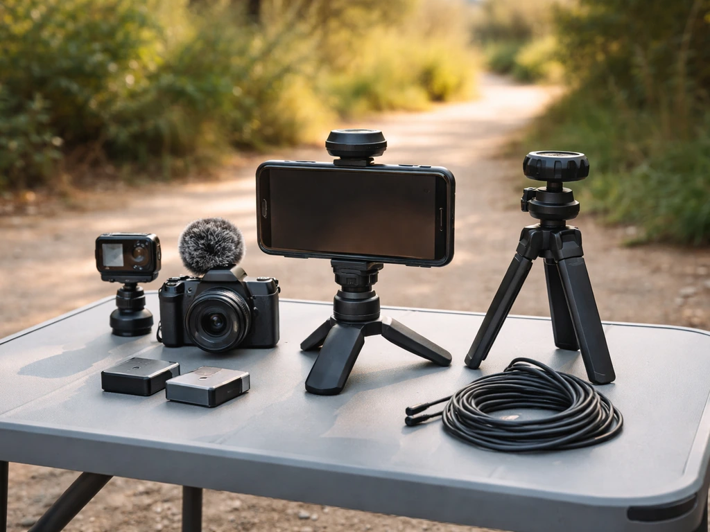 Outdoor filming gear on a table—cameras, tripod, and microphone set up for adventure content creation.