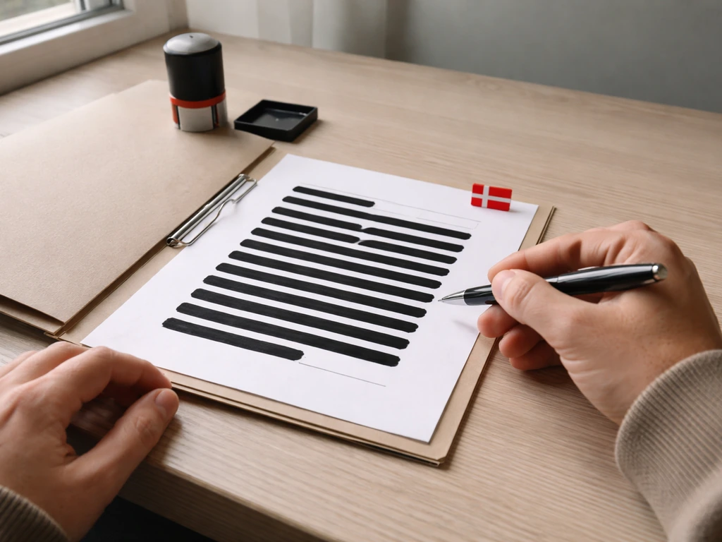 Anonymous hands signing redacted business registration paperwork at a minimalist desk with a stamp.