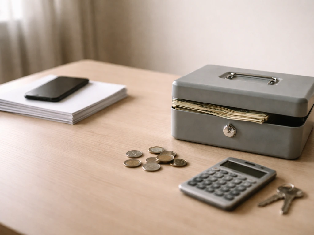 Minimal photo of a desk with scattered documents, a calculator, and a small locked box of cash, symbolizing assets vs li