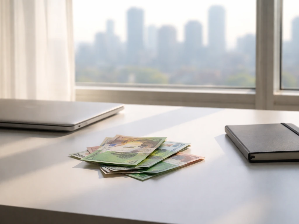 Minimal desk scene with a closed laptop, scattered cash, and a city view symbolizing career earnings growth.