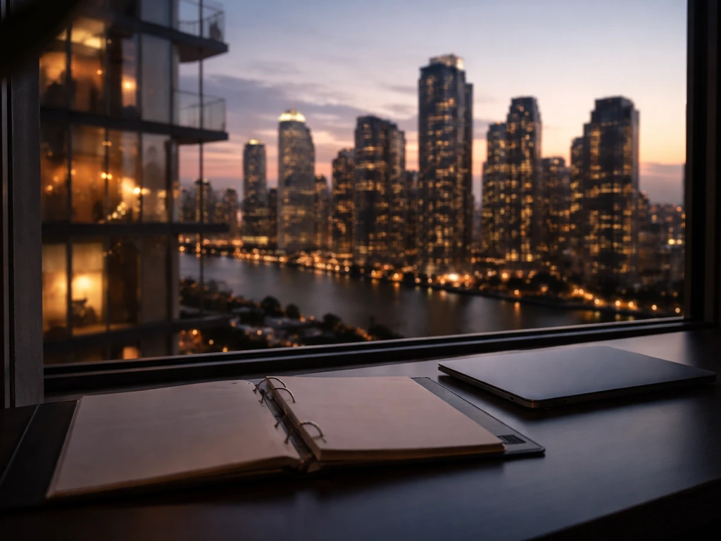 Modern city skyline at dusk with a real-estate perspective suggesting wealth and investment analysis.
