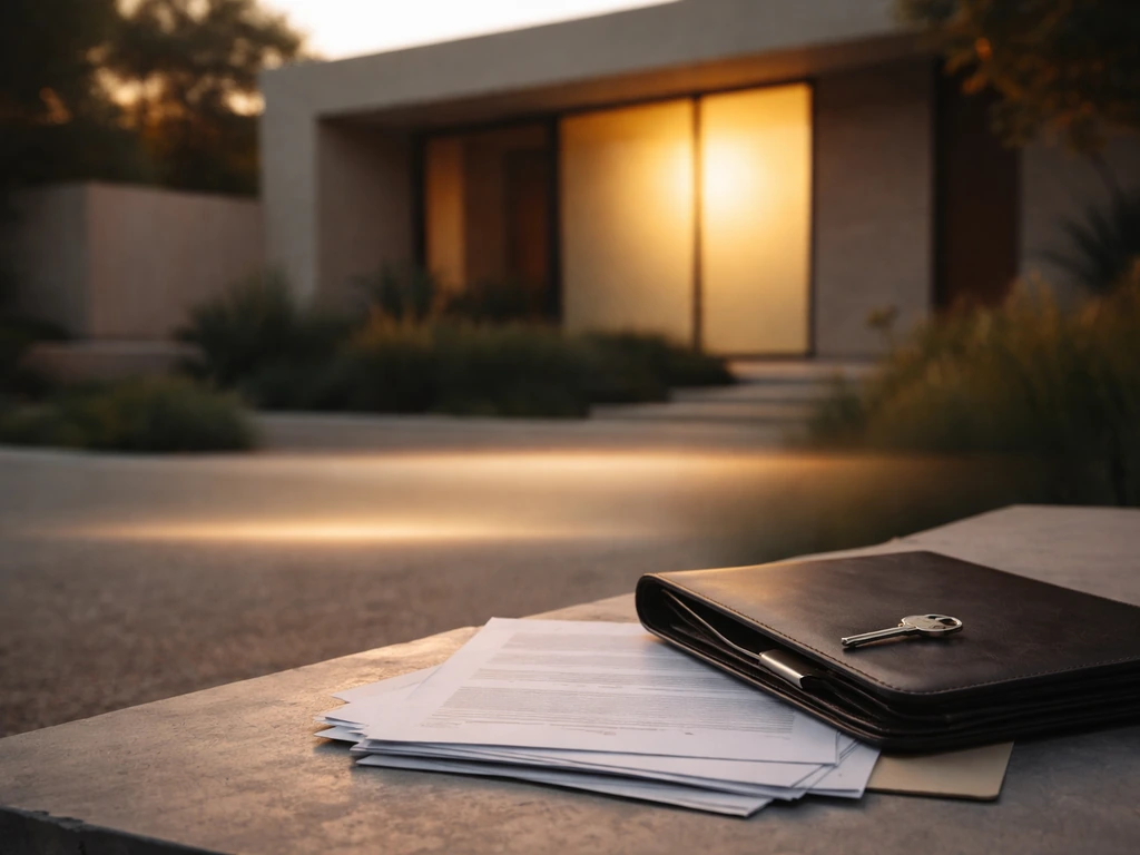 Minimal real-estate photo with a subtle valuation-range money graphic cue overlaid