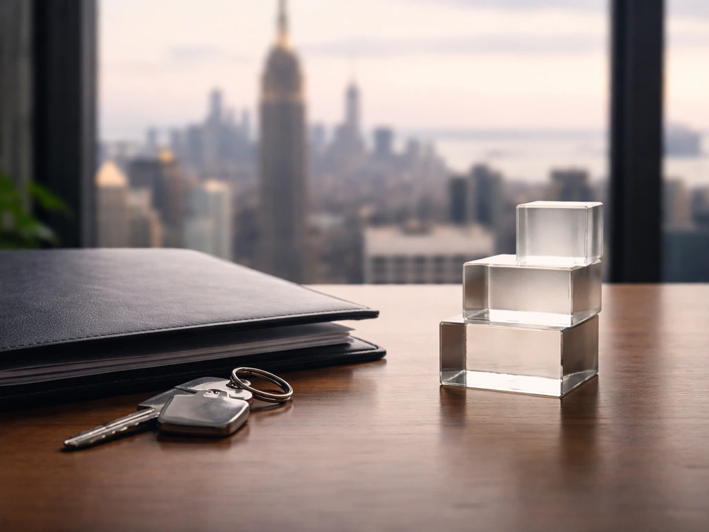 Minimal desk scene with a real estate key fob and stacked glass blocks suggesting real estate dominance.