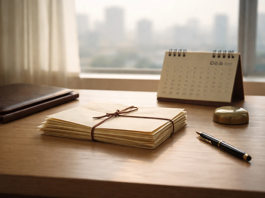 Minimal desk scene with stacked folders and a vintage calendar page showing early 2000s milestones