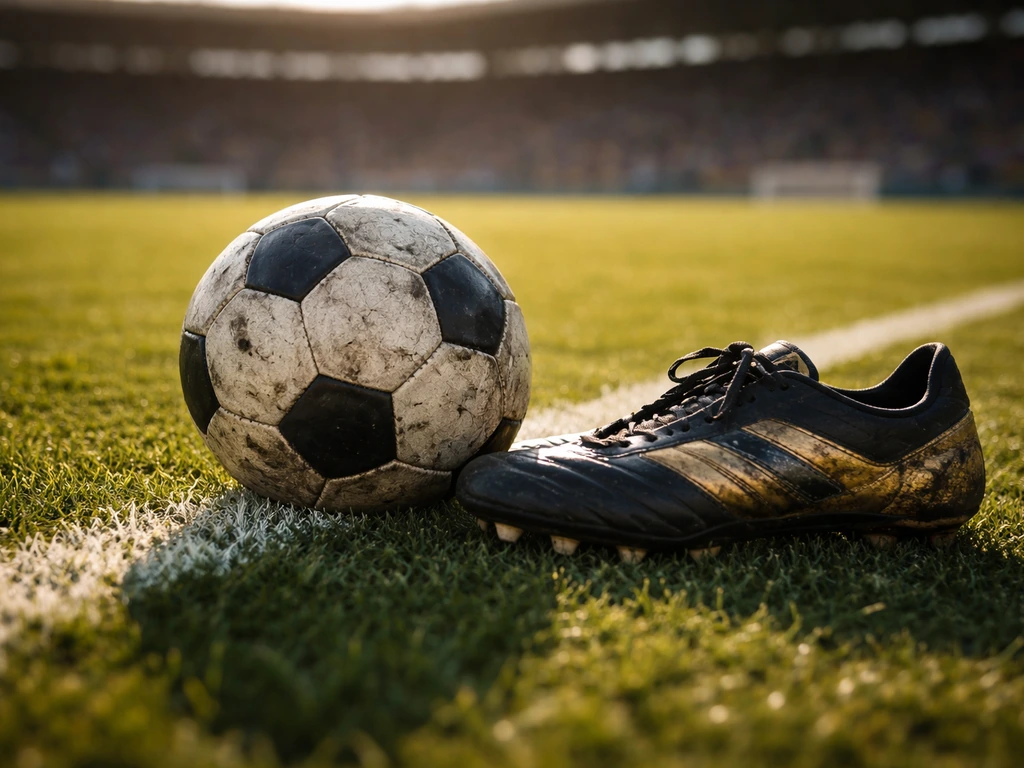 Close-up of football boot and ball on a sunlit pitch with a blurred stadium background.