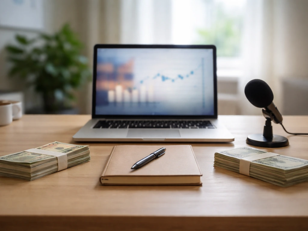 Minimal desk scene with laptop, cash stacks, and a notebook suggesting differing money estimates.