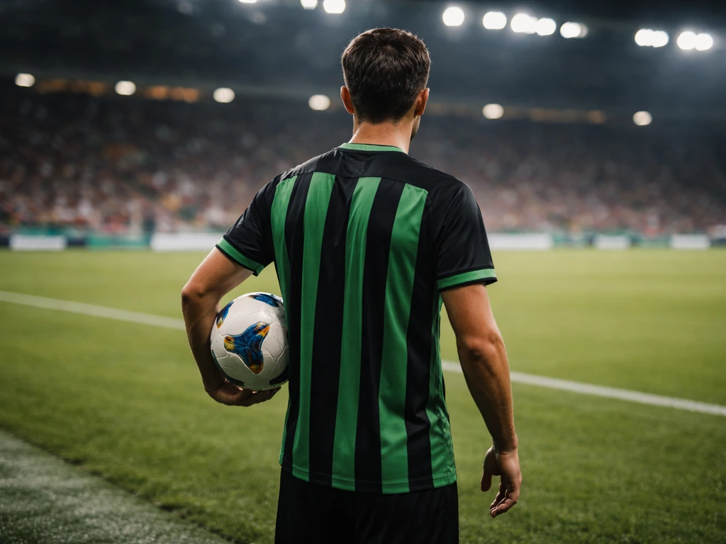 Anonymous footballer in green-black Sassuolo-style kit on matchday pitch with a ball under his arm.
