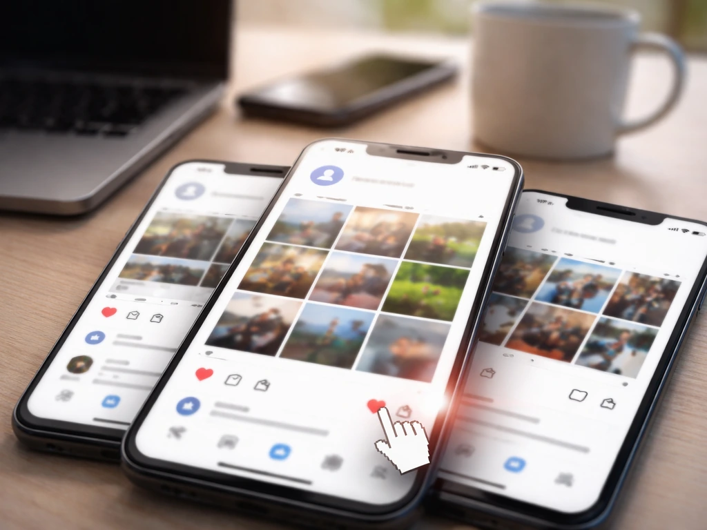 Minimal desktop scene with blurred social media phone screenshots suggesting verified digital presence and monetization.