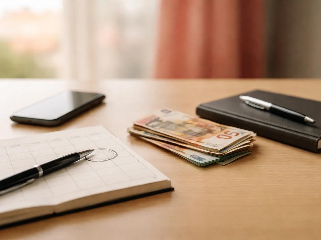 Minimal photo of a desk setup with a calendar, smartphone, and scattered euros symbolizing career milestones.