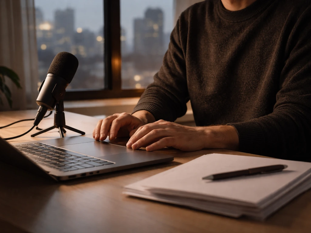 An anonymous filmmaker in a quiet office reviews financial documents near a laptop and microphone