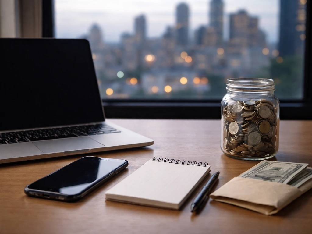 Minimal office desk with coins, cash envelope, and blank phone/laptop screens suggesting net worth comparisons.