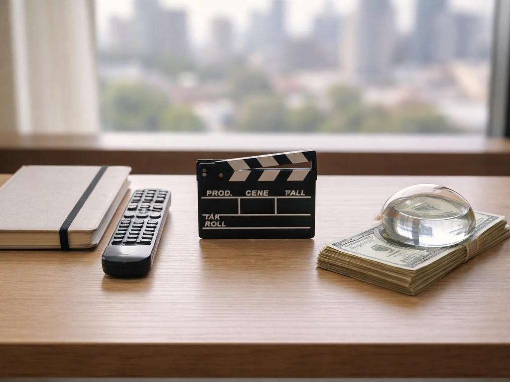Minimal desk scene with a remote, notebook, clapperboard, and banknotes symbolizing income streams.
