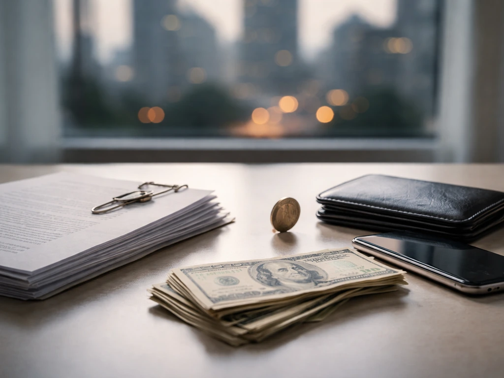 Minimal desk scene with wallet, documents, spilled cash, and city background suggesting financial liabilities and curren